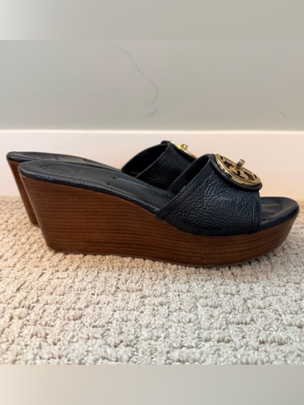 Black Leather Platform Slide Wedges with Gold TB Medallion - Picture 3 of 6